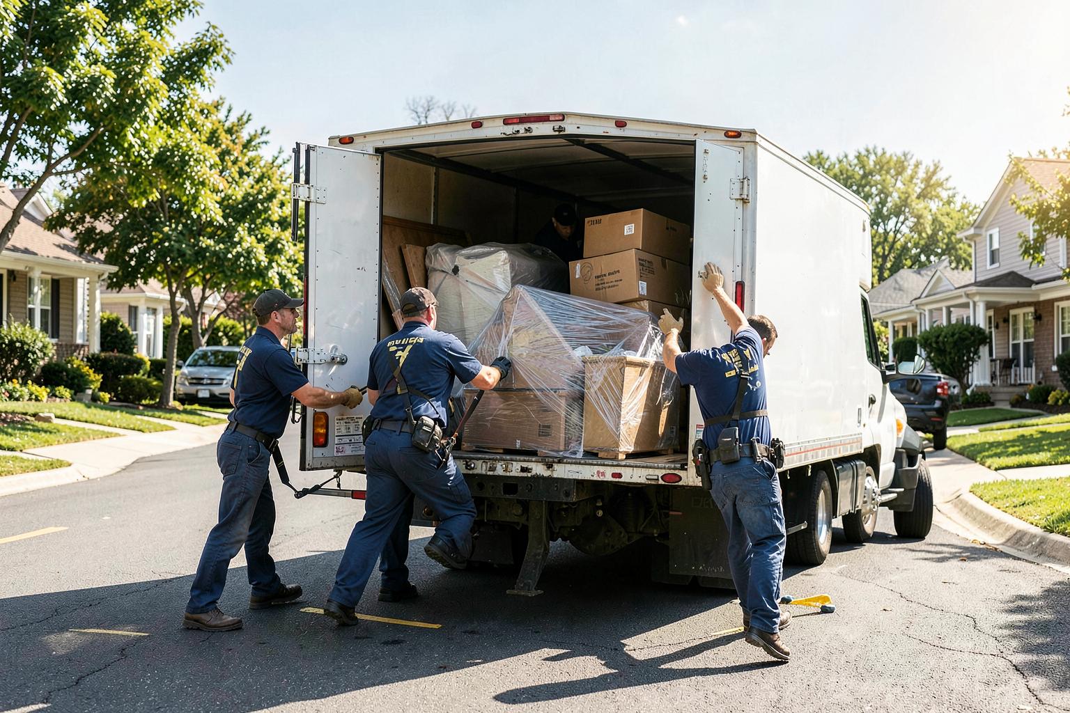 Crew loading a moving truck outside a residence